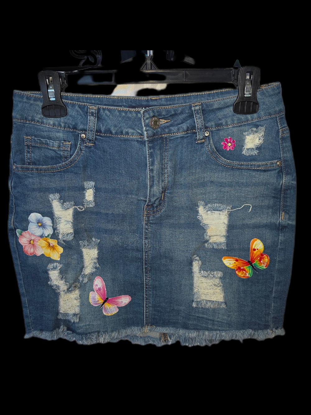 Wax Jean Blue Distressed Denim Mini Skirt with Floral and Butterfly Accents W 29